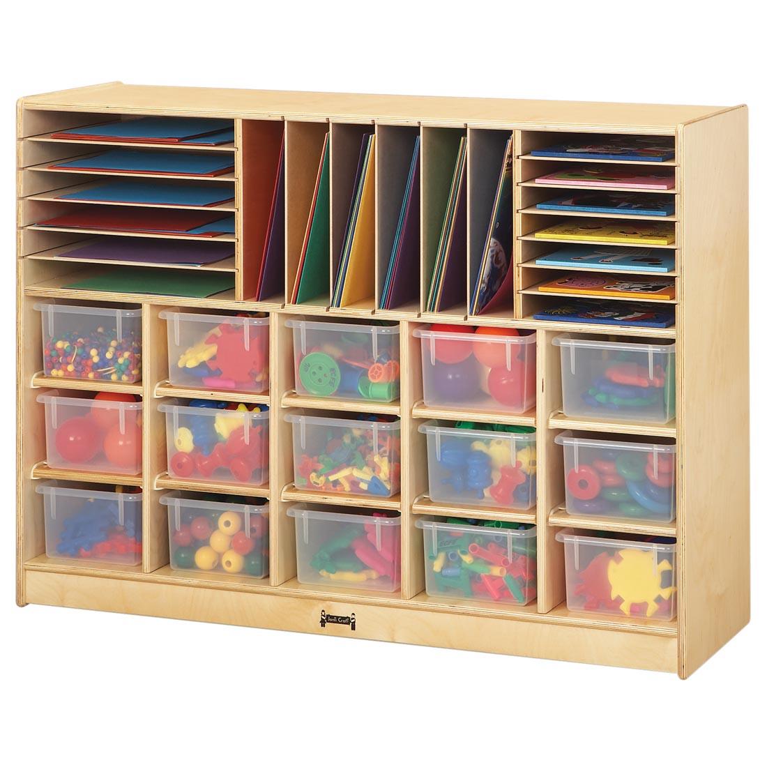 Sectional Mobile Cubbie With Clear Trays shown with suggested storage contents