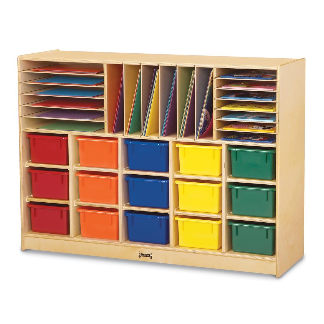 Sectional Mobile Cubbie With Colored Trays shown with suggested storage contents