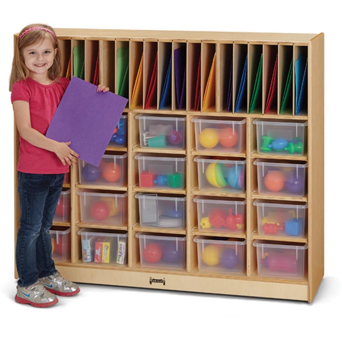 Child standing next to the Classroom Organizer With Clear Trays shown with suggested storage contents