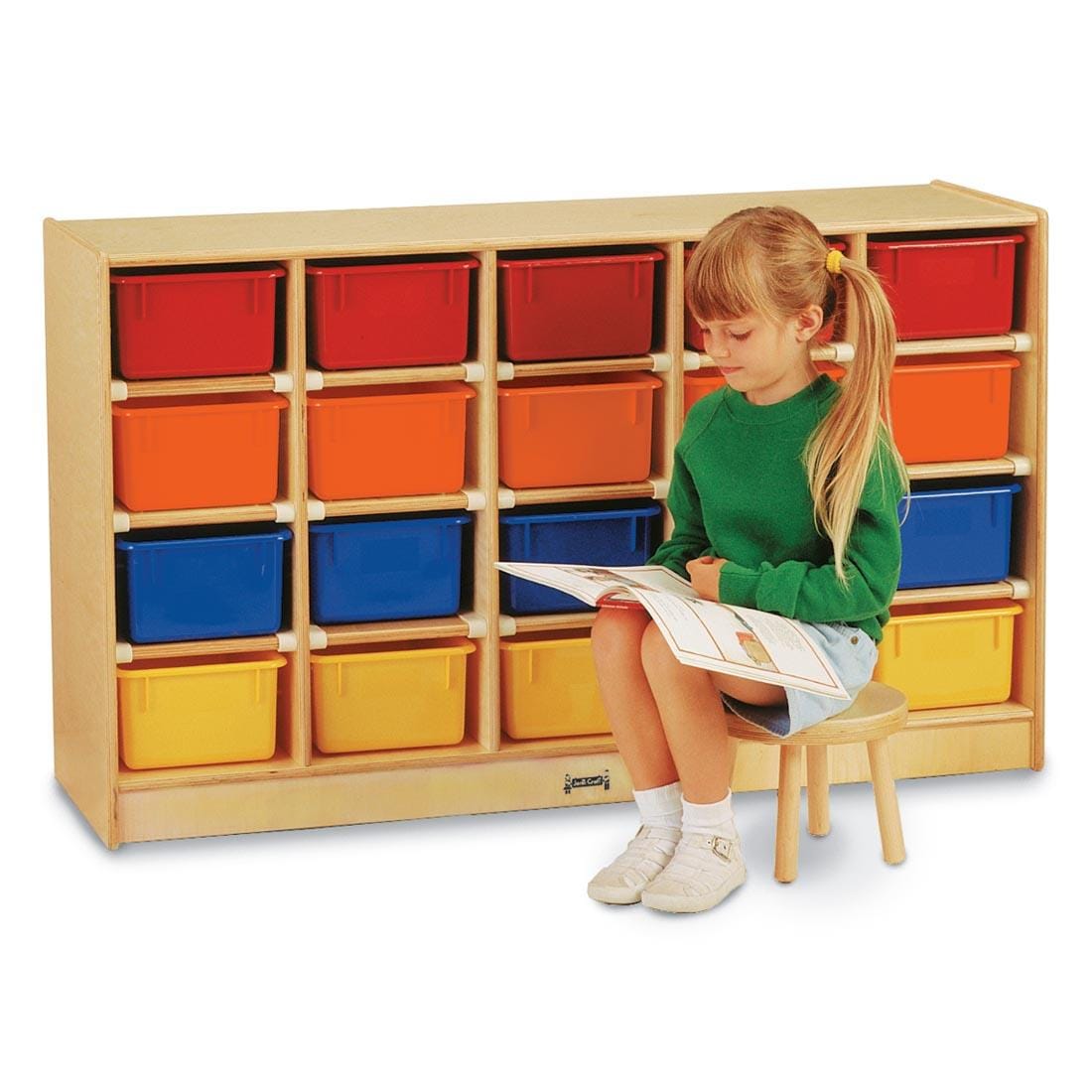 Child sitting on a stool next to Mobile Cubbie With 20 Trays