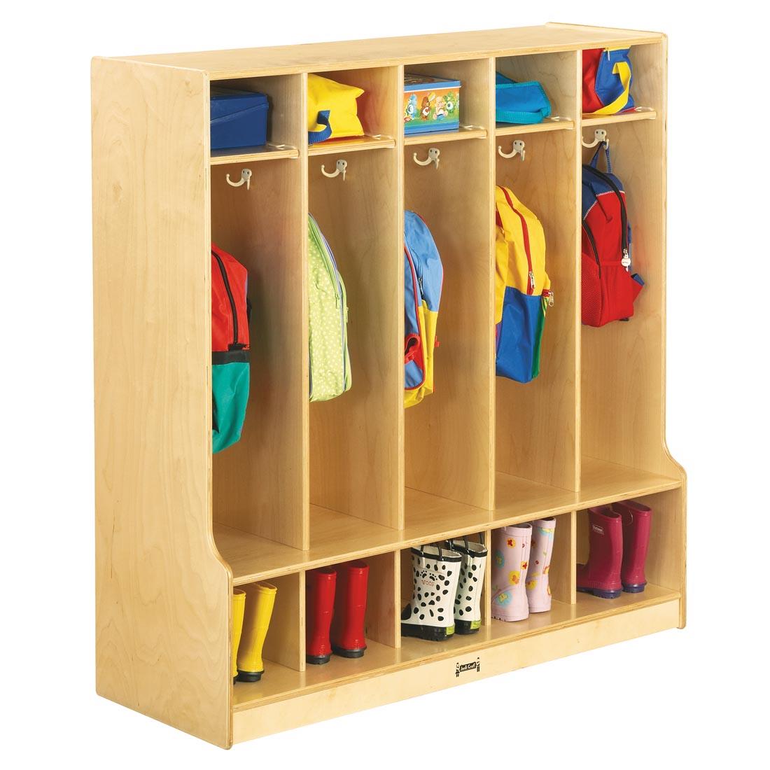 Natural Birch Coat Locker With Step shown with suggested storage contents