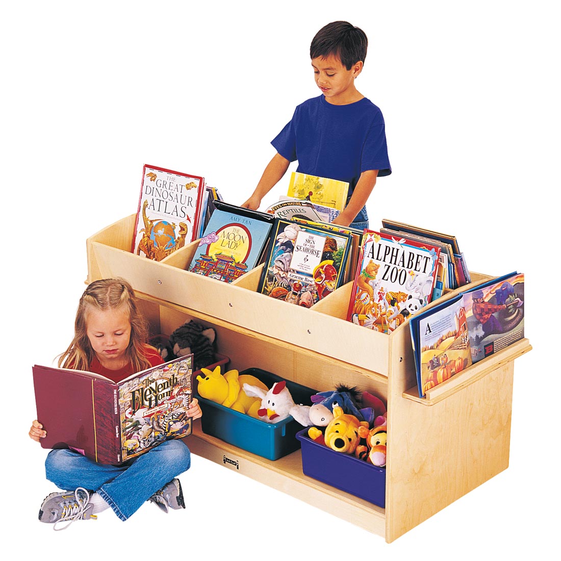 Children reading next to a full Birch Mobile Book Browser Cart