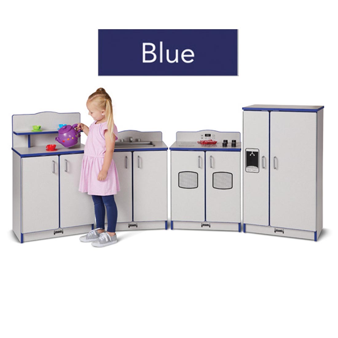 Child pouring tea in the 4-Piece Kitchen Set with colored edges; text overly labeled Blue