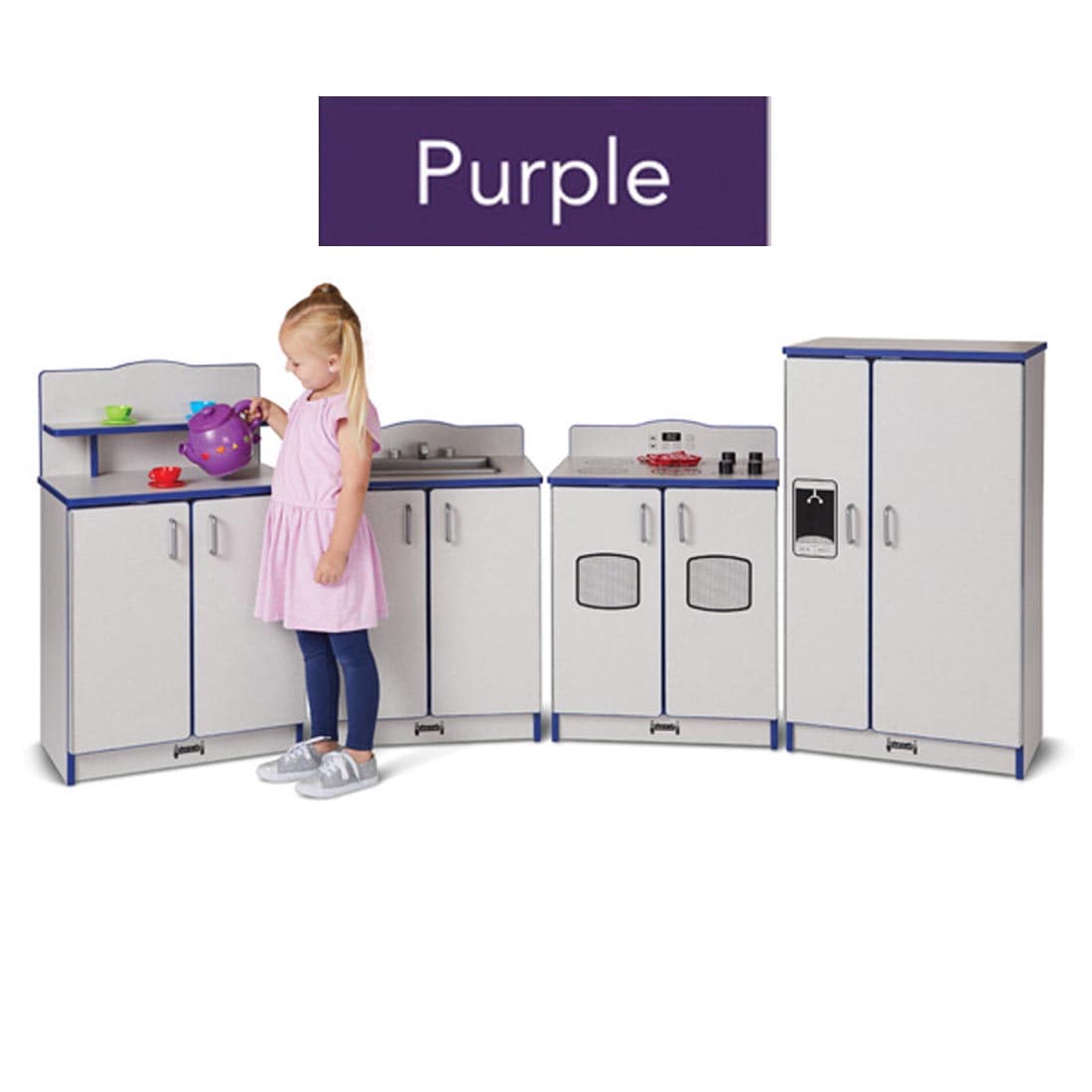 Child pouring tea in the 4-Piece Kitchen Set with colored edges; text overly labeled Purple