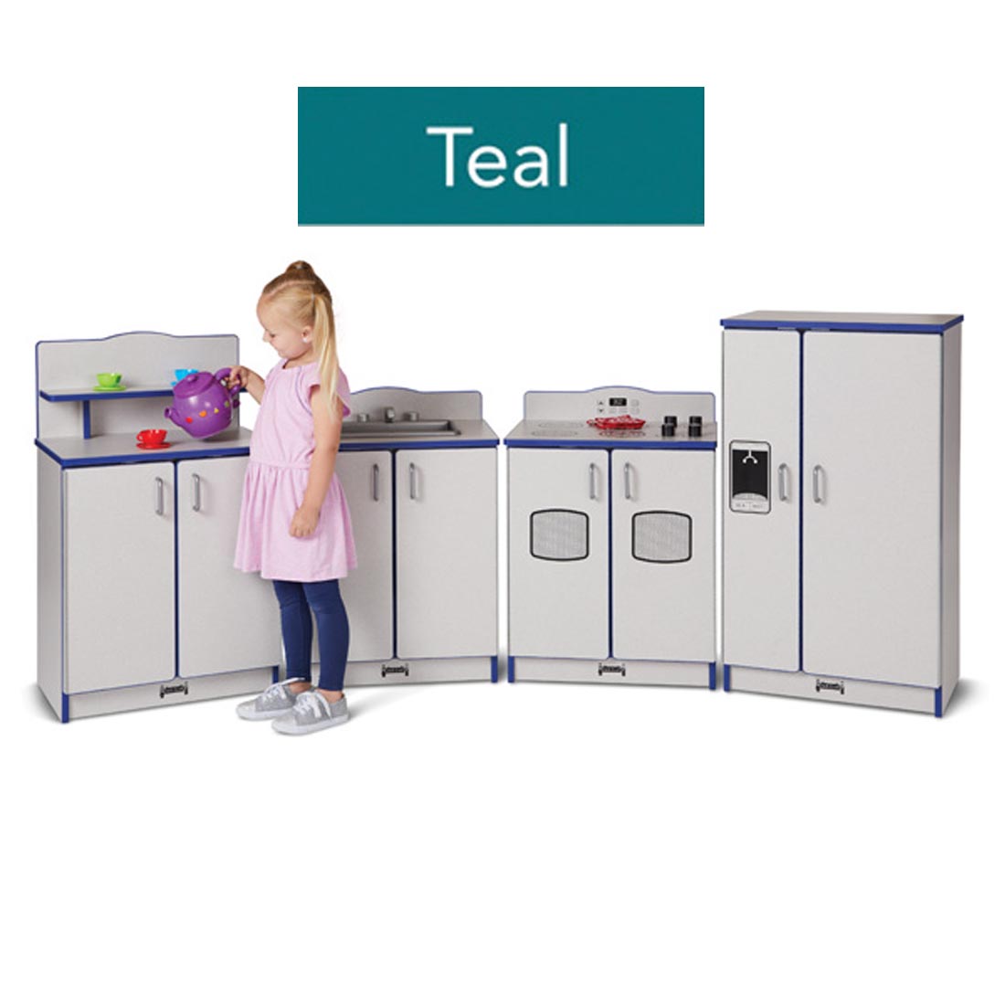 Child pouring tea in the 4-Piece Kitchen Set with colored edges; text overly labeled Teal