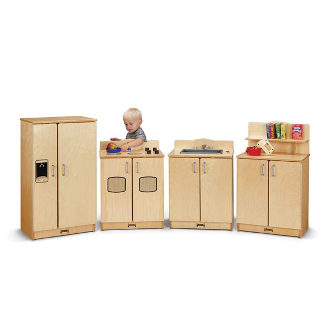 Child standing behind the stove of the Natural Birch 4-Piece Kitchen Set