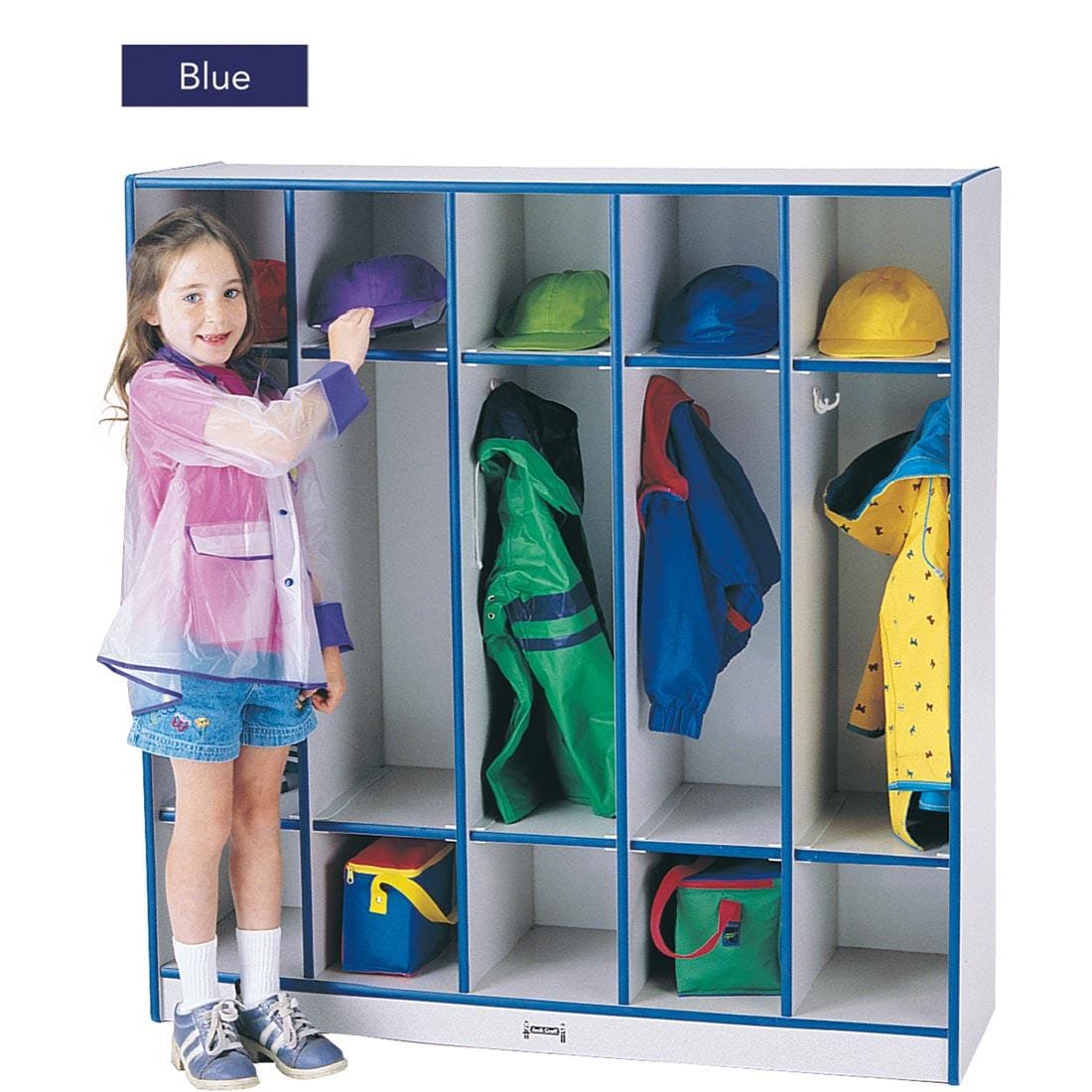 Child standing next to the 5-Section Coat Locker with Colored Edges; Text overlay labeled Blue