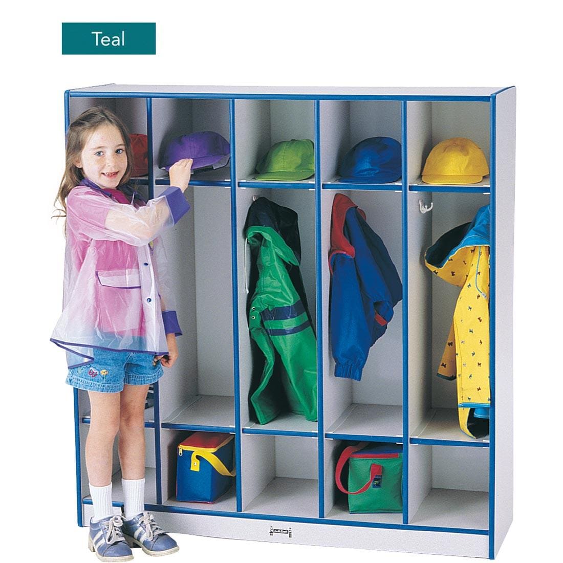 Child standing next to the 5-Section Coat Locker with Colored Edges; Text overlay labeled Teal