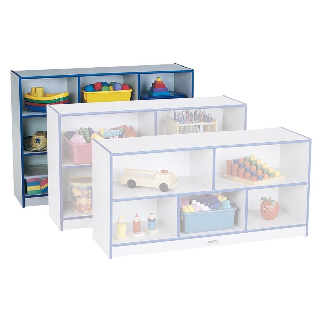 Rainbow Accents Blue Edge Single Mobile Storage Unit Super-Sized Height with two shelves in front of it to show scale