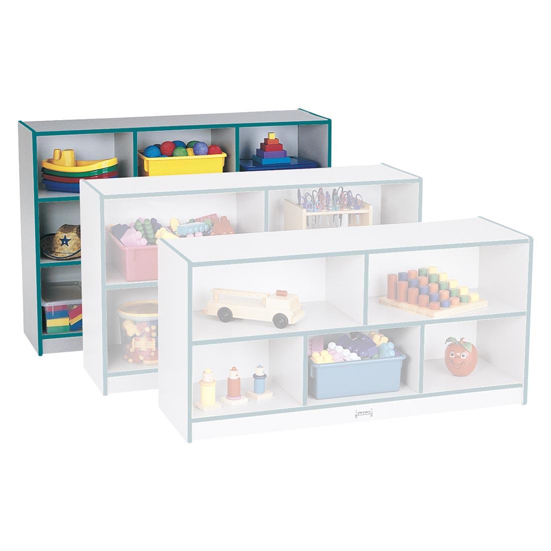 Rainbow Accents Teal Edge Single Mobile Storage Unit Super-Sized Height with two shelves in front of it to show scale