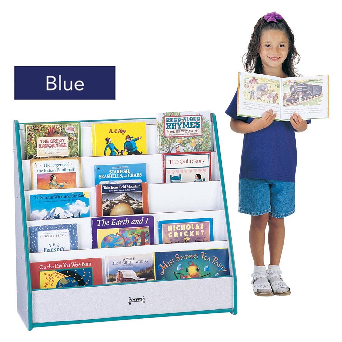 Child standing beside the Colored Edged Pick-a-Book Flushback Book Stand with a text overlay labeled Blue