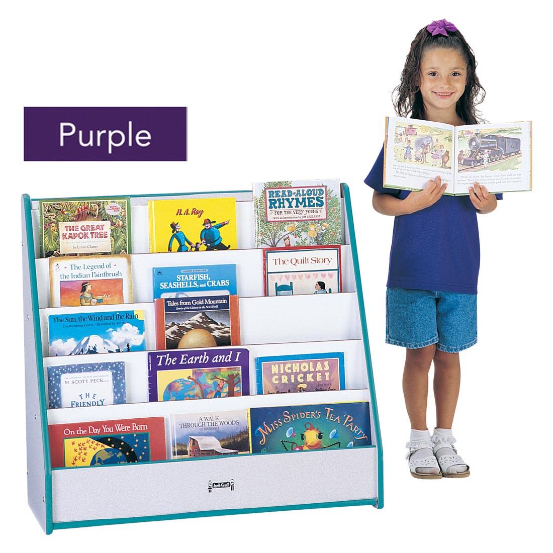 Child standing beside the Colored Edged Pick-a-Book Flushback Book Stand with a text overlay labeled Purple