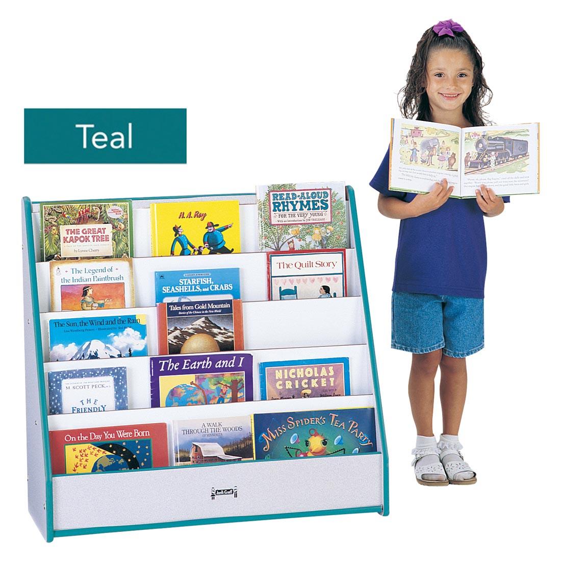 Child standing beside the Colored Edged Pick-a-Book Flushback Book Stand with a text overlay labeled Teal