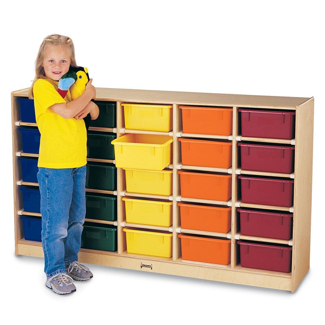 Child standing in front of the 25-Tub Mobile Storage Unit With Colored Tubs