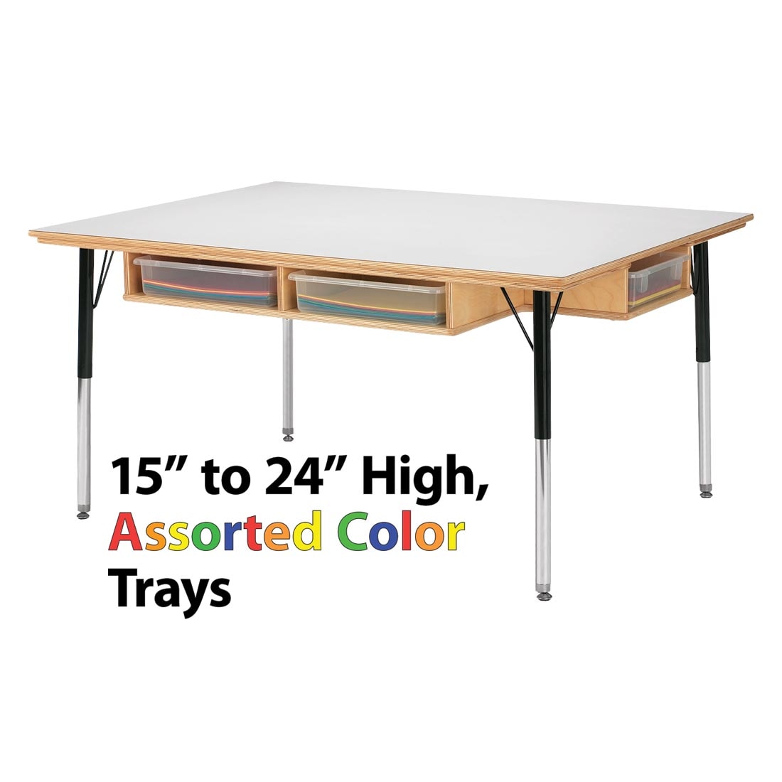 Table With Storage Trays with the text 15" to 24" High, Assorted Color Trays