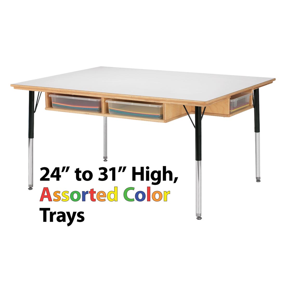 Table With Storage Trays with the text 24" to 31" High, Assorted Color Trays