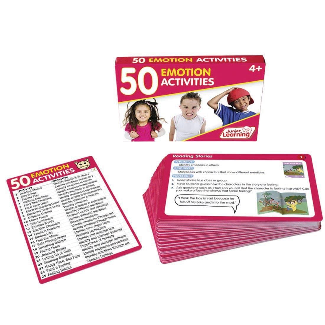 Box of 50 Emotion Activities By Junior Learning, with sample cards shown outside the box