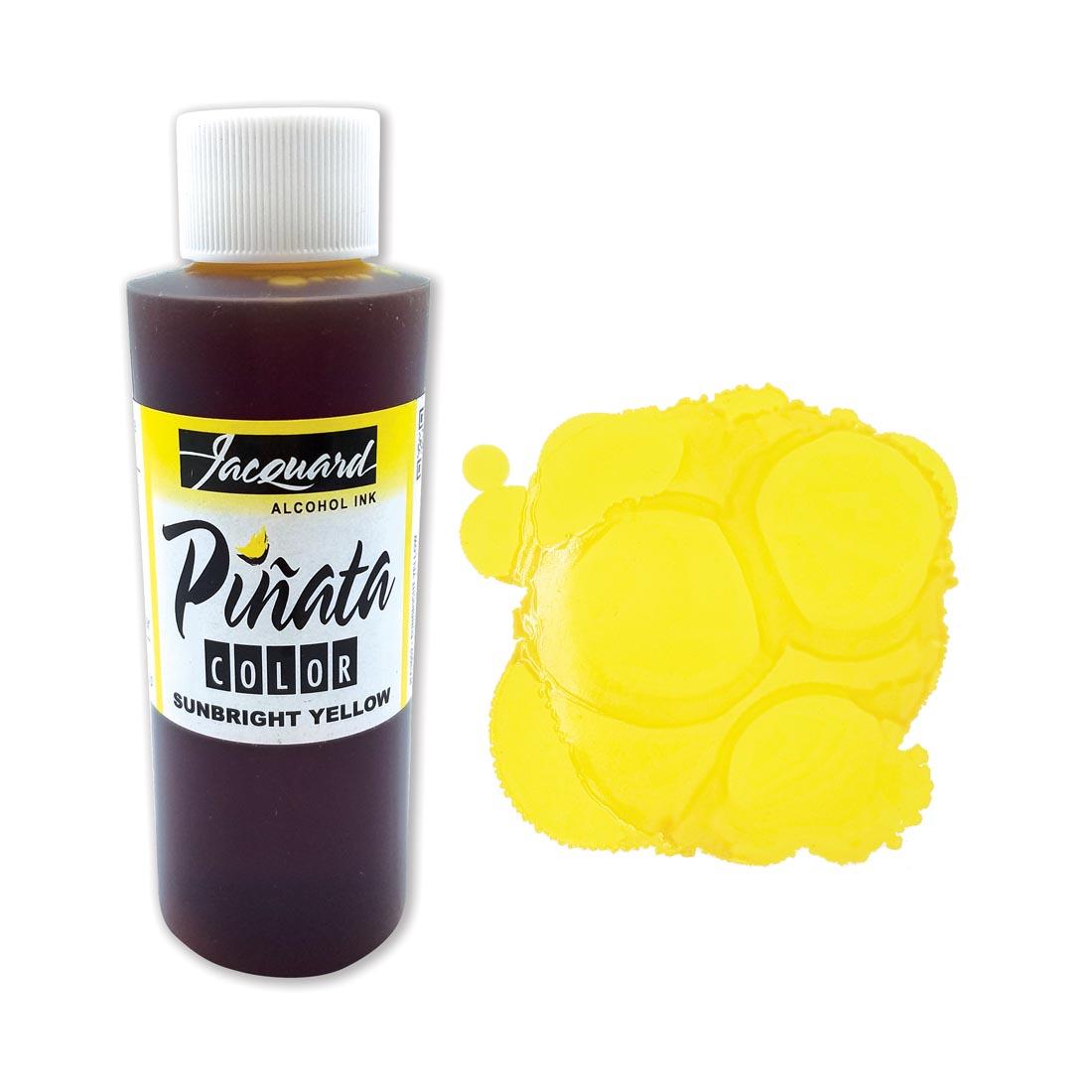 Bottle of Sunbright Yellow Jacquard Pinata Color Alcohol Ink beside an example color swatch