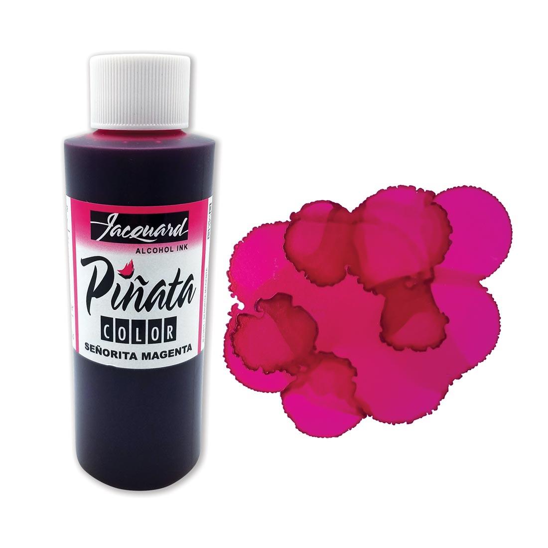 Bottle of Senorita Magenta Jacquard Pinata Color Alcohol Ink beside an example color swatch