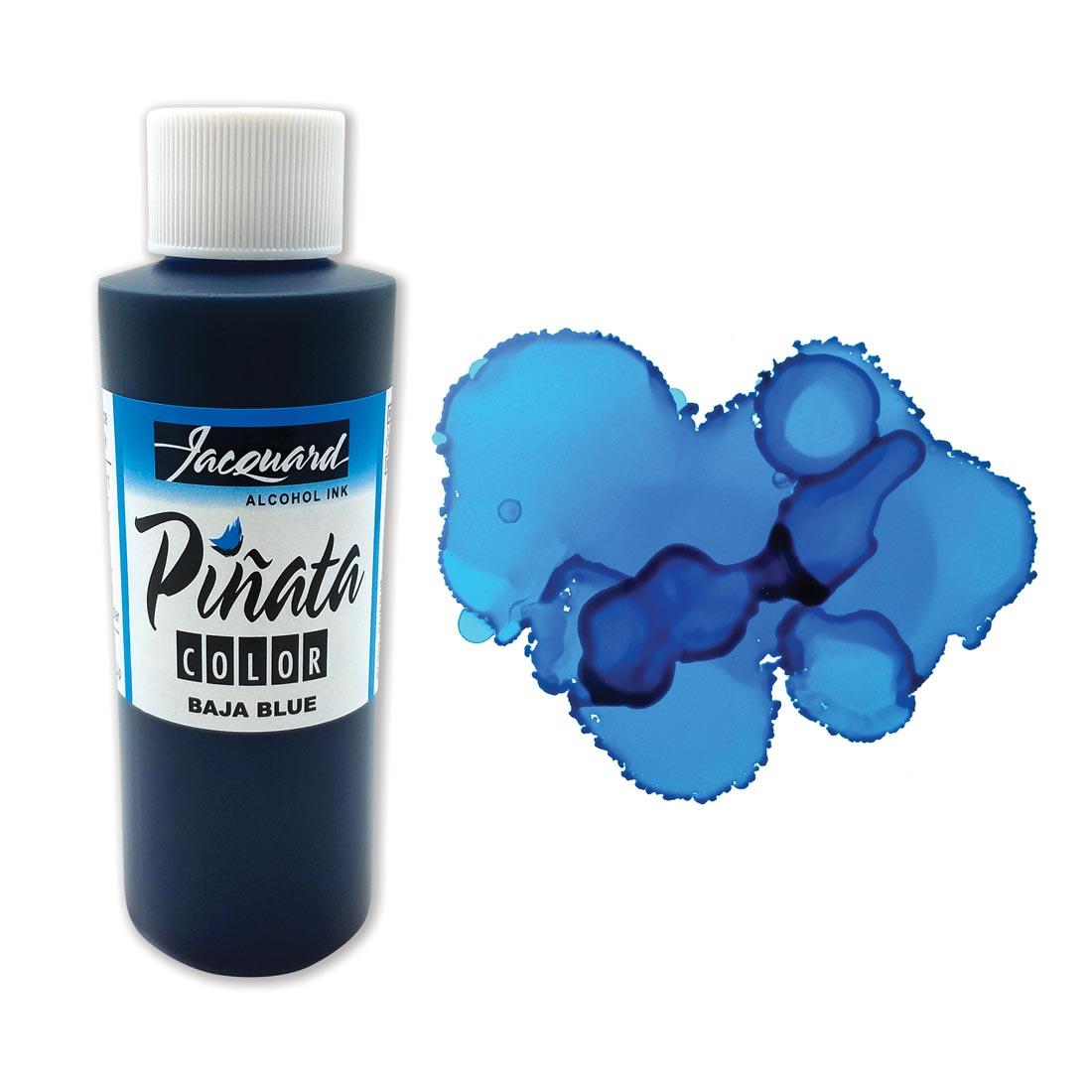 Bottle of Baja Blue Jacquard Pinata Color Alcohol Ink beside an example color swatch