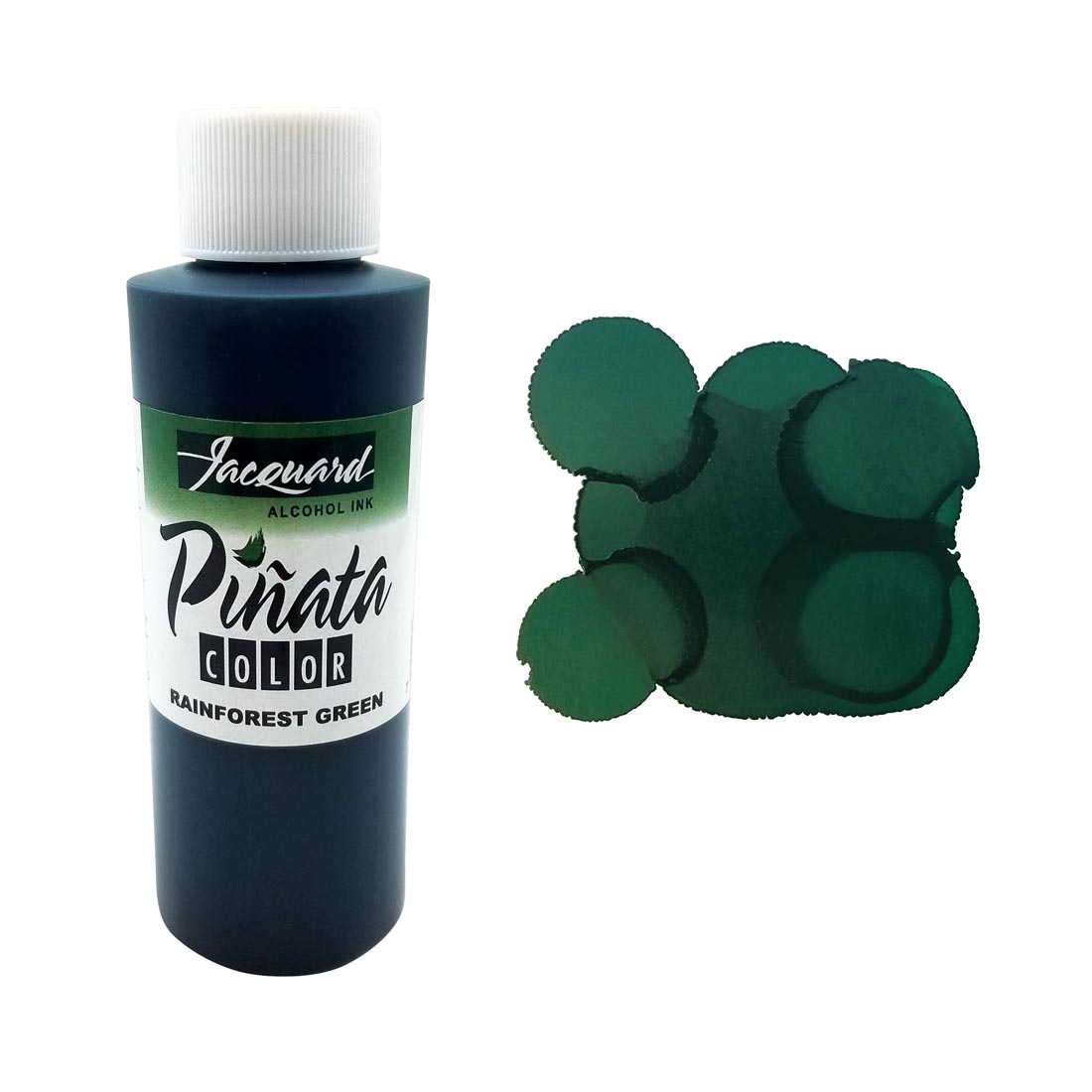 Bottle of Rainforest Green Jacquard Pinata Color Alcohol Ink beside an example color swatch