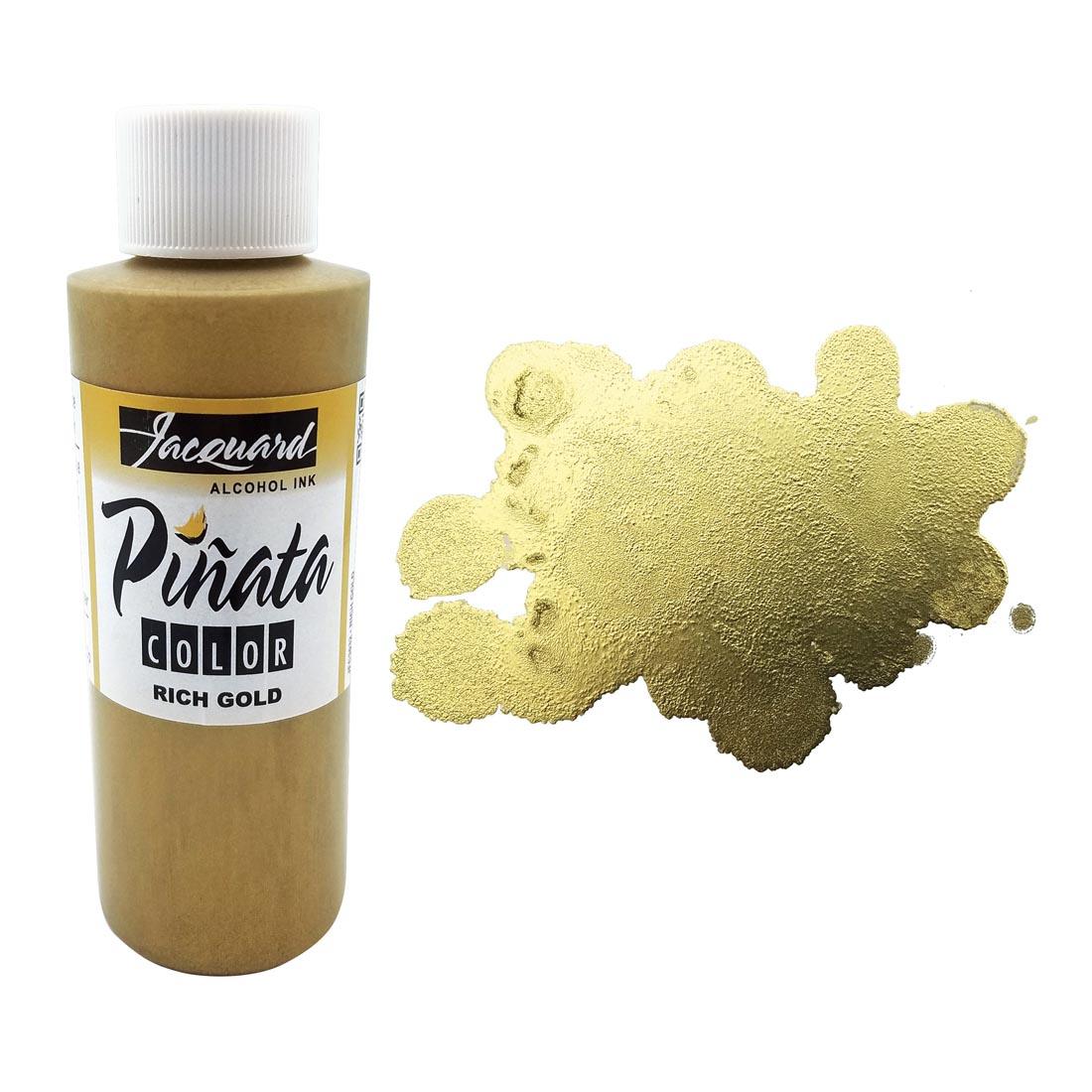 Bottle of Rich Gold Jacquard Pinata Color Alcohol Ink beside an example color swatch