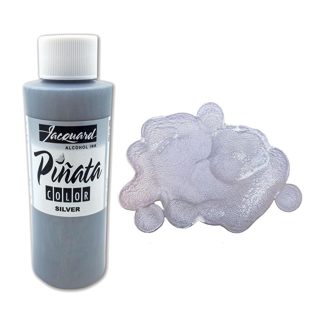 Bottle of Silver Jacquard Pinata Color Alcohol Ink beside an example color swatch