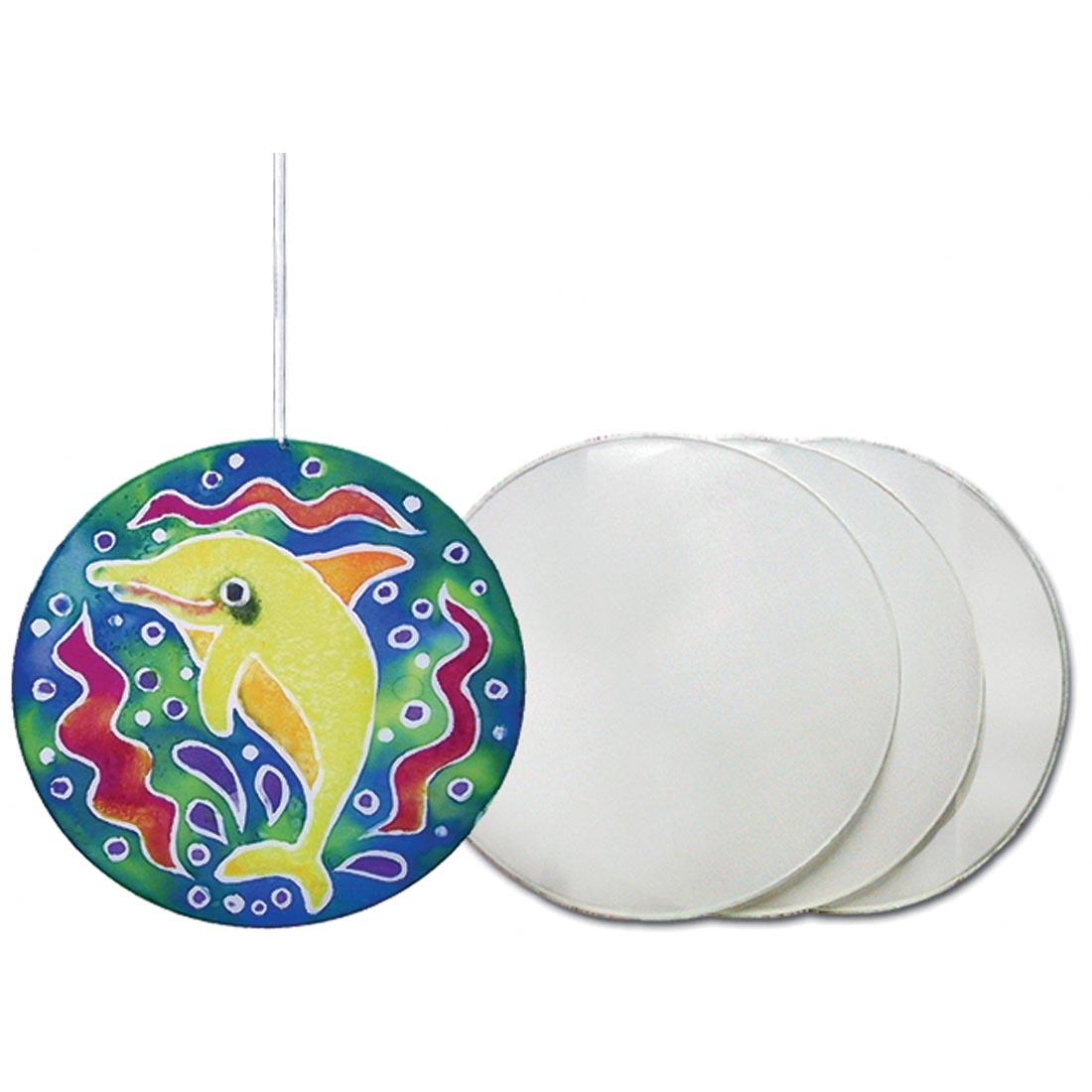 Three Blank Silk Stretched Hoops, one with a dolphin painted on it