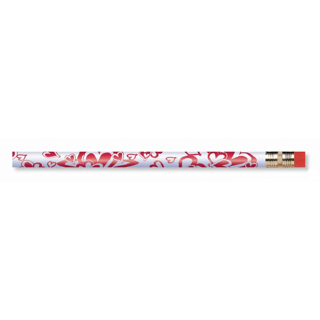 Standard pencil with red heart shapes on a white background