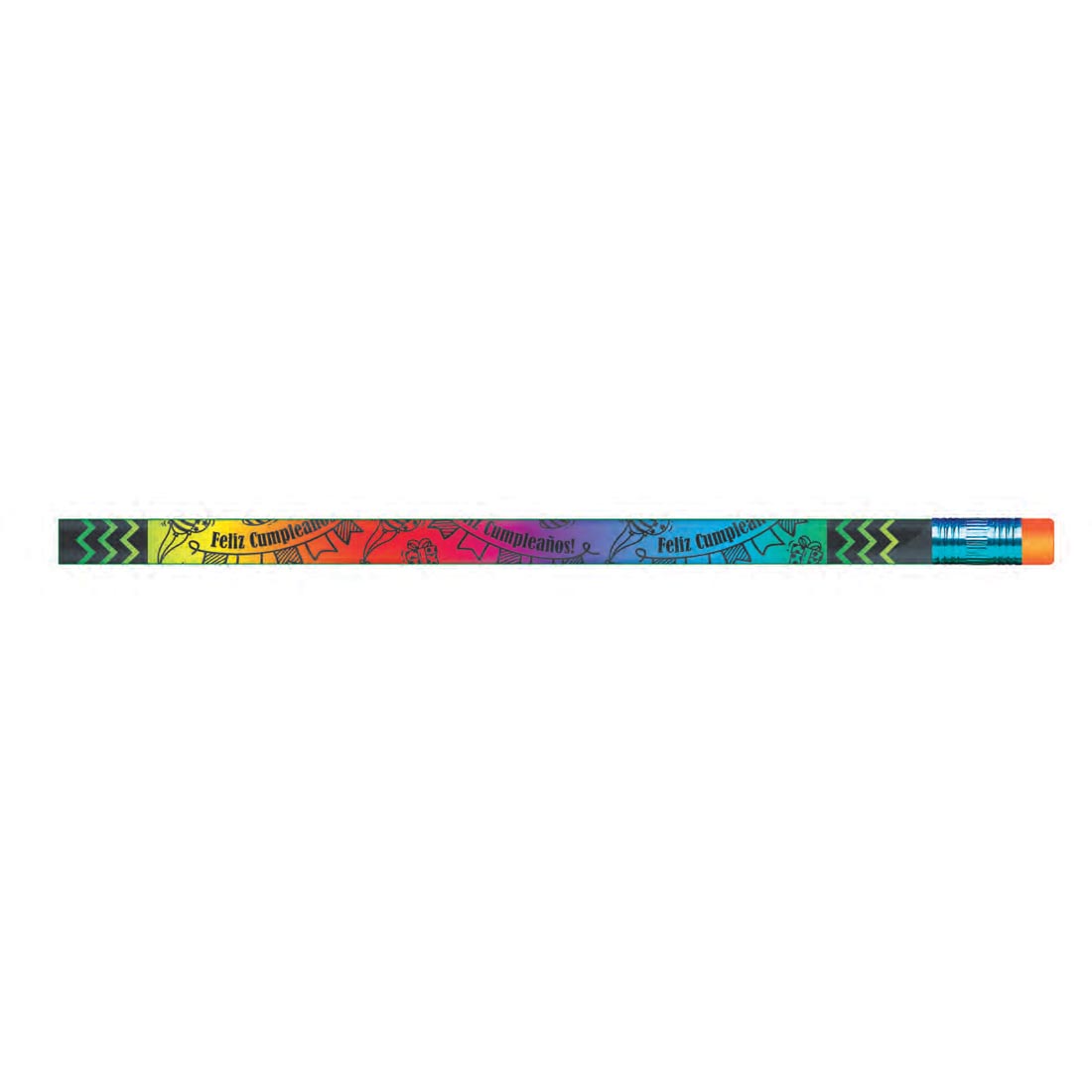Standard pencil with Feliz Cumpleanos and pennant banners on a rainbow background