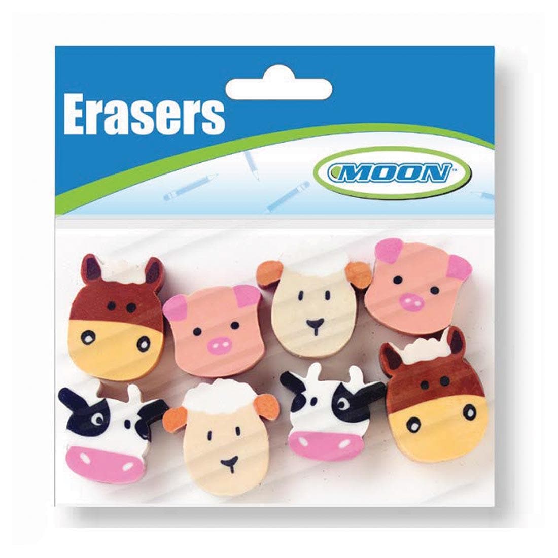 Pencil topper erasers featuring the faces of various farm animals