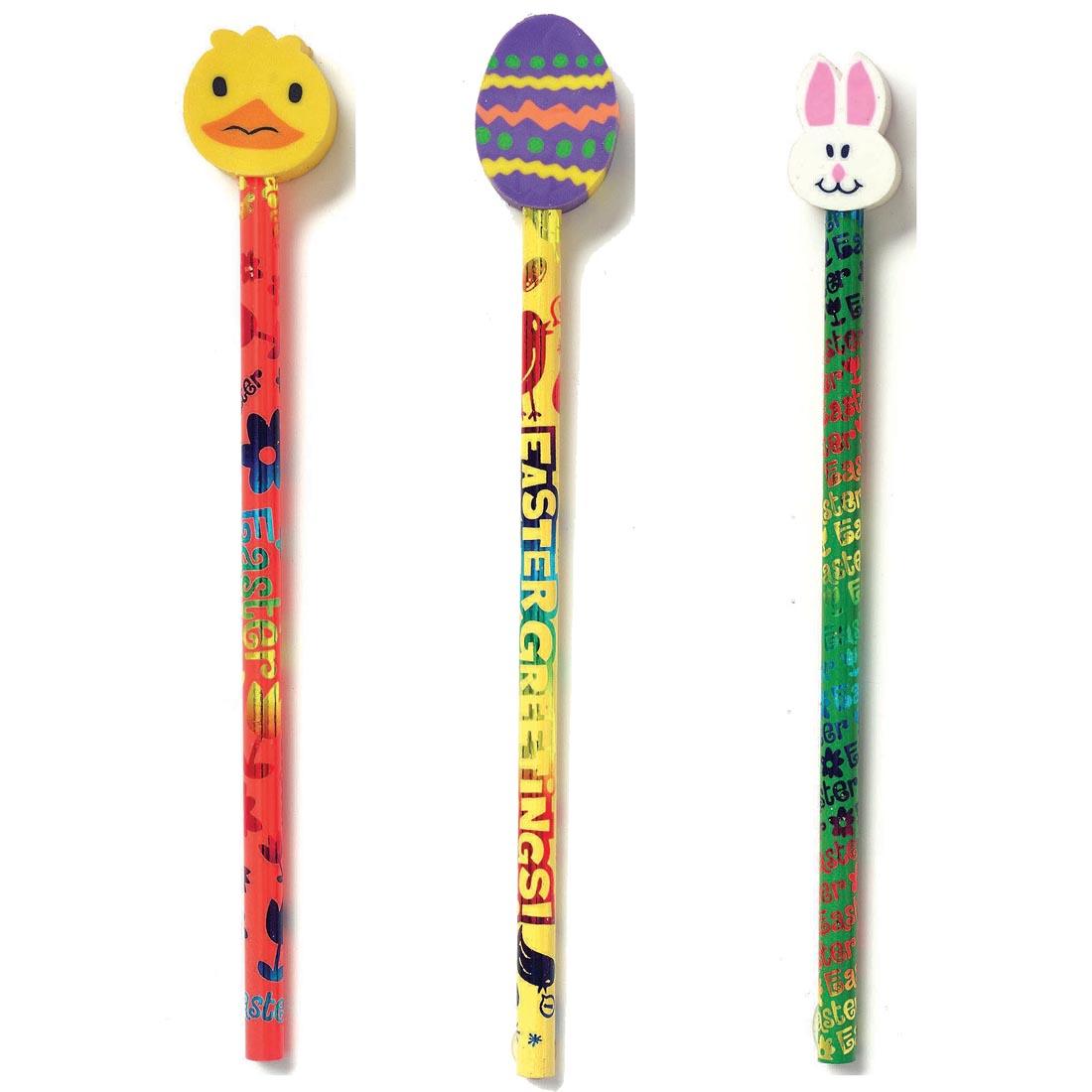 Chick, egg and bunny from the Easter Fun Pencil Topper Erasers on top of pencils