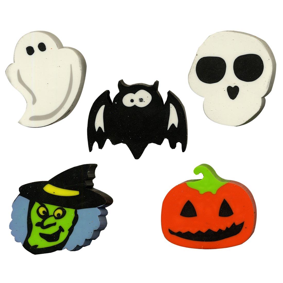 Halloween Pencil Topper Erasers include ghost, bat, skull, witch and jack-o-lantern