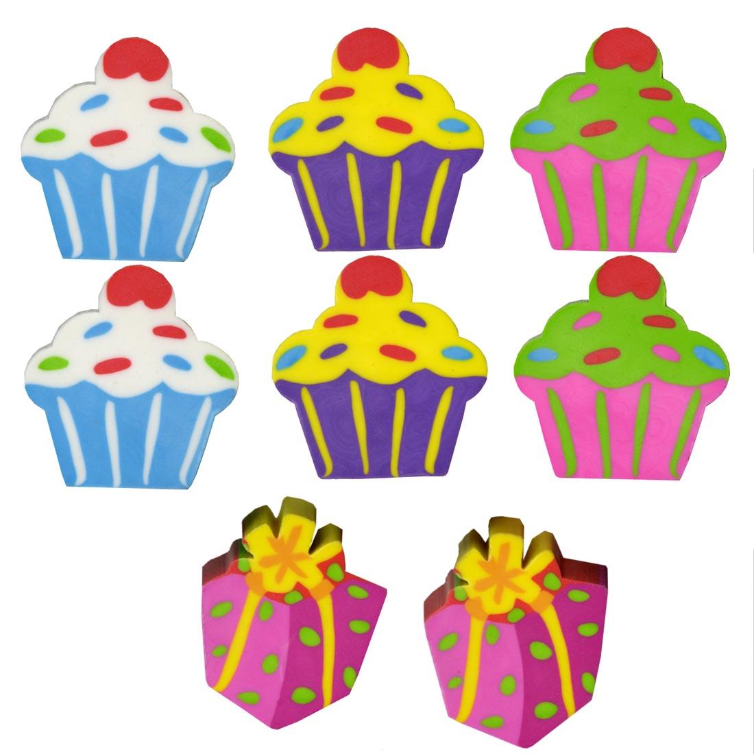 Party Pencil Topper Erasers include cupcakes and gift shapes