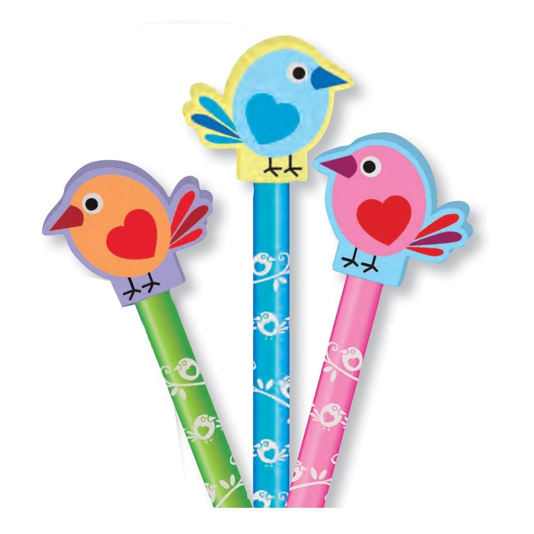 Pencil topper erasers in the shape of birds, shown on the top of pencils