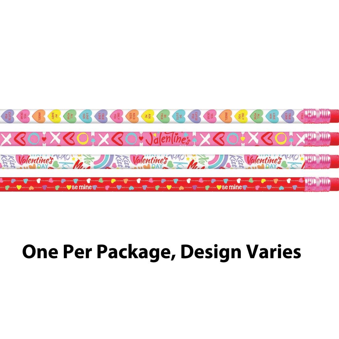 Four Happy Valentine's Day Pencils with the text One Per Package, Design Varies