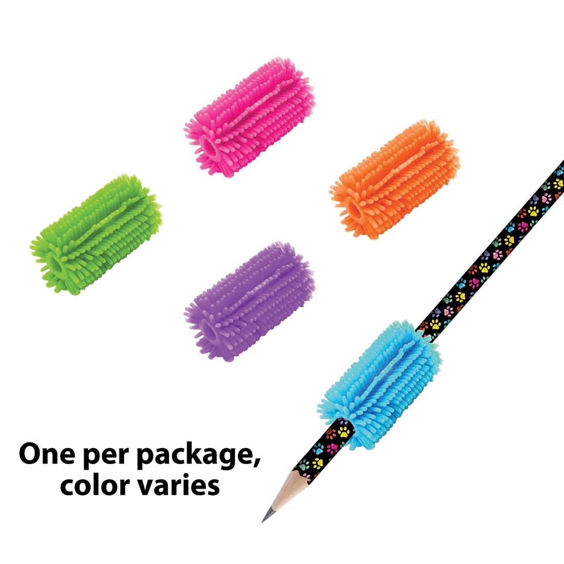 Four Griptastic Pencil Gripz plus one on a pencil and the text One per package, color varies