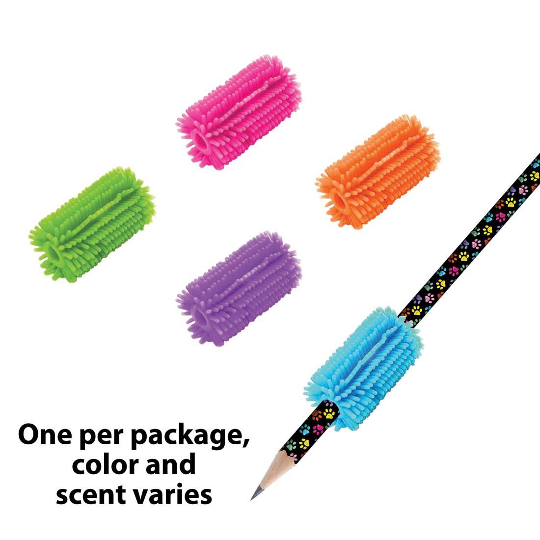 Four Scented Griptastic Pencil Gripz plus one on a pencil and the text One per package, color and scent varies