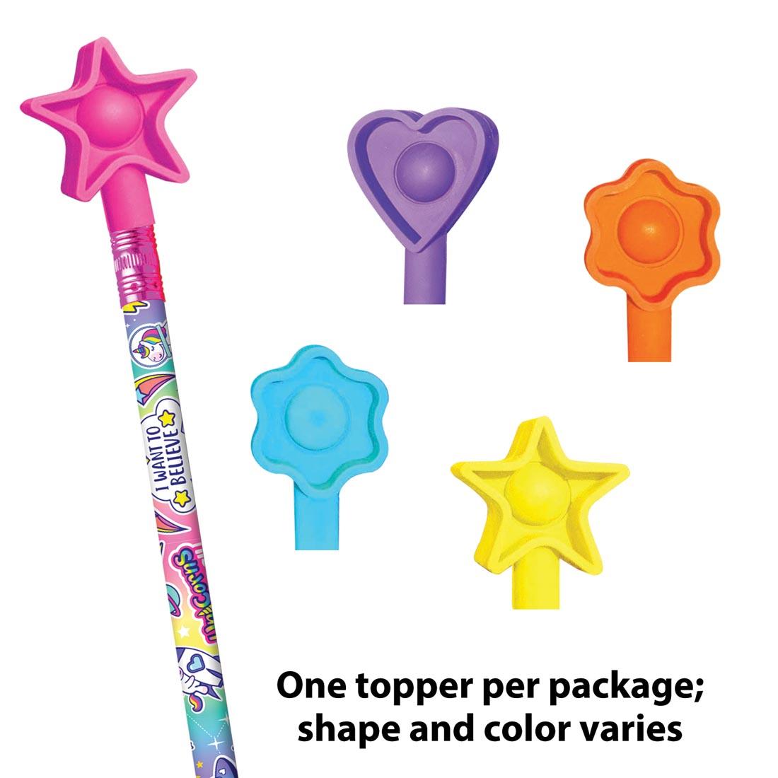 Four Pencil Popper Toppers plus one on a pencil and the text One topper per package; shape and color varies