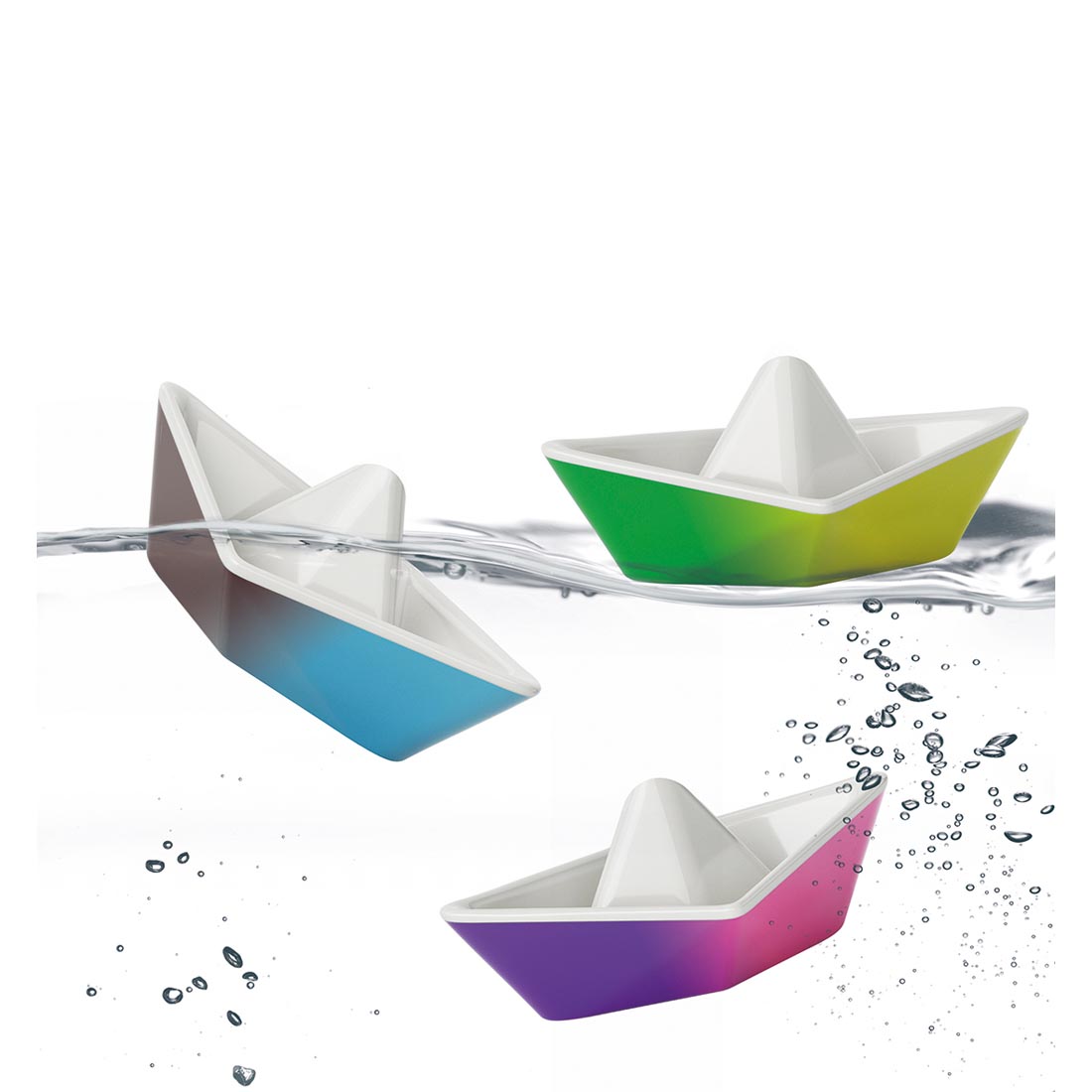 Three Origami Color Changing Boats in Water