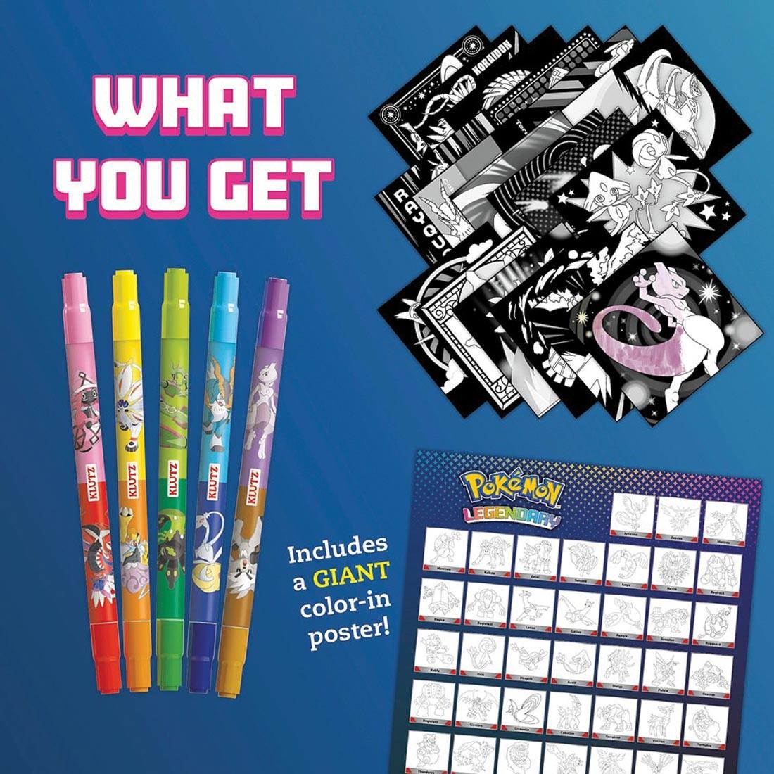 components of Pokemon Legendary Stained Glass Art By Klutz Press with text What You Get; Includes a GIANT color-in poster!