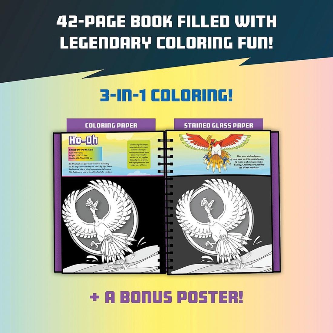 Open book from Pokemon Legendary Stained Glass Art with text 42-page book filled with legendary coloring fun! 3-in-1 coloring! coloring paper; stained glass paper; + a bonus poster!