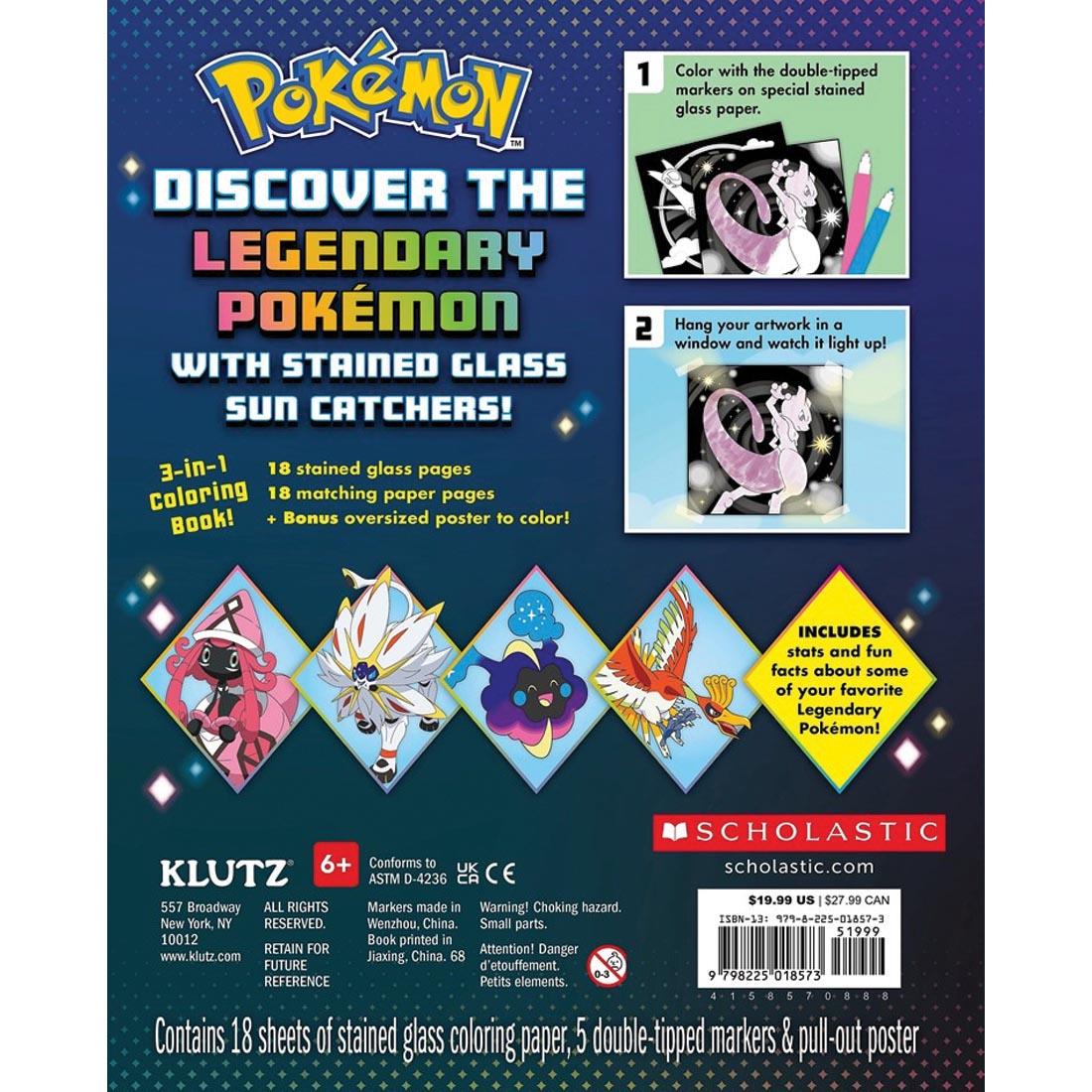 back of package for the Pokemon Legendary Stained Glass Art Kit By Klutz Press