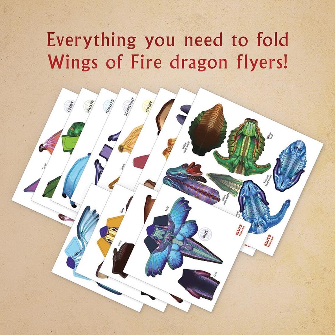 contents of the Wings of Fire Folded Flyers By Klutz Press plus text Everything you need to fold Wings of Fire dragon flyers!