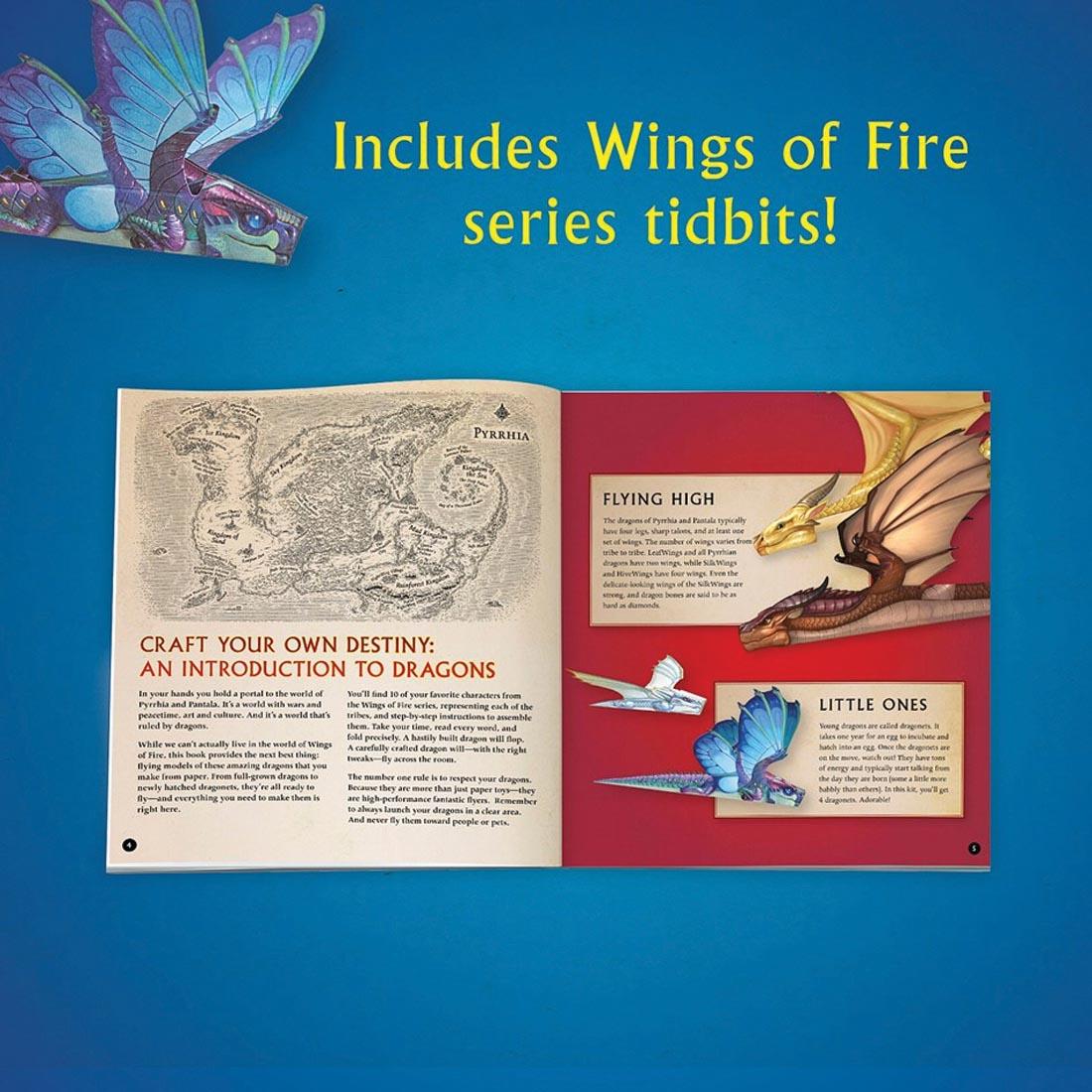 open book from Wings of Fire Folded Flyers By Klutz Press plus a completed example of a flyer and text Includes Wings of Fire series tidbits!