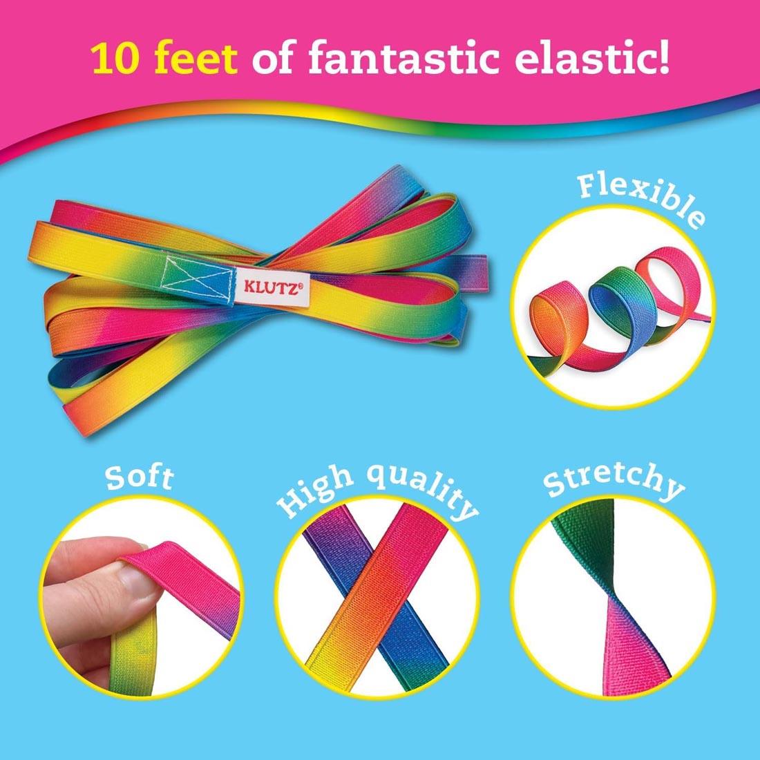 text describing the Jumpsies: How to Hop, Skip & Jump with Stretchy Rope kit includes 10 feet of fantastic elastic!; Flexible; Soft; High Quality; Stretchy