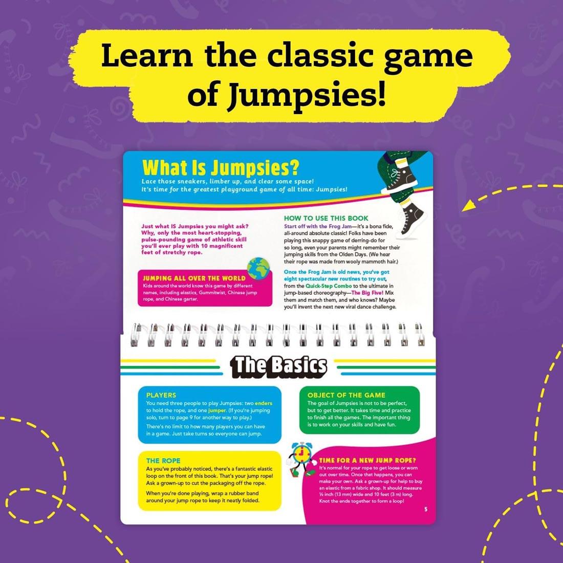 open book from Jumpsies: How to Hop, Skip & Jump with Stretchy Rope plus the text Learn the classic game of Jumpsies!
