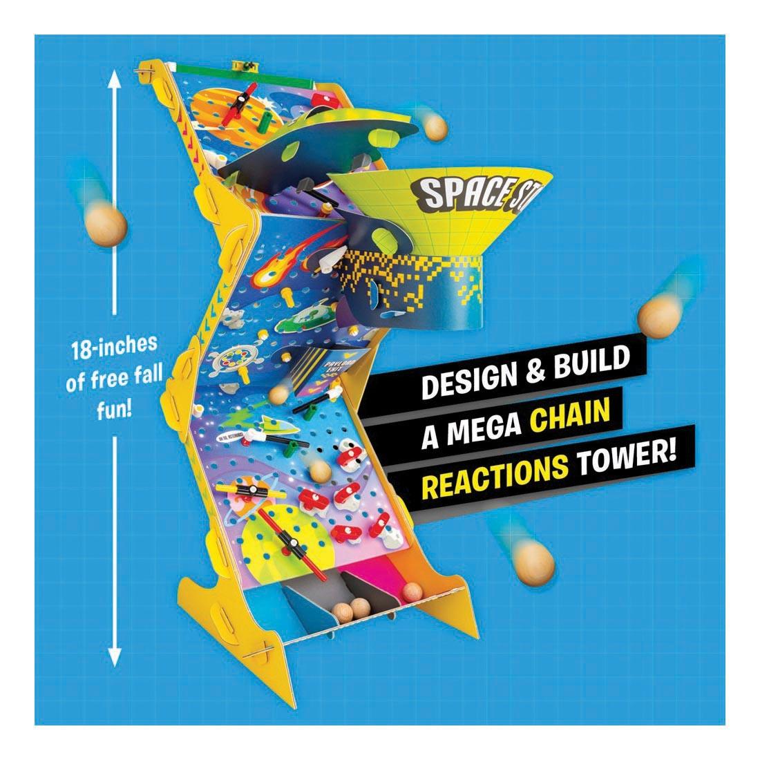 infographic for LEGO Gravity Drop By Klutz Press with text Design & Build a Mega Chain Reactions Tower! 18-inches of free fall fun!
