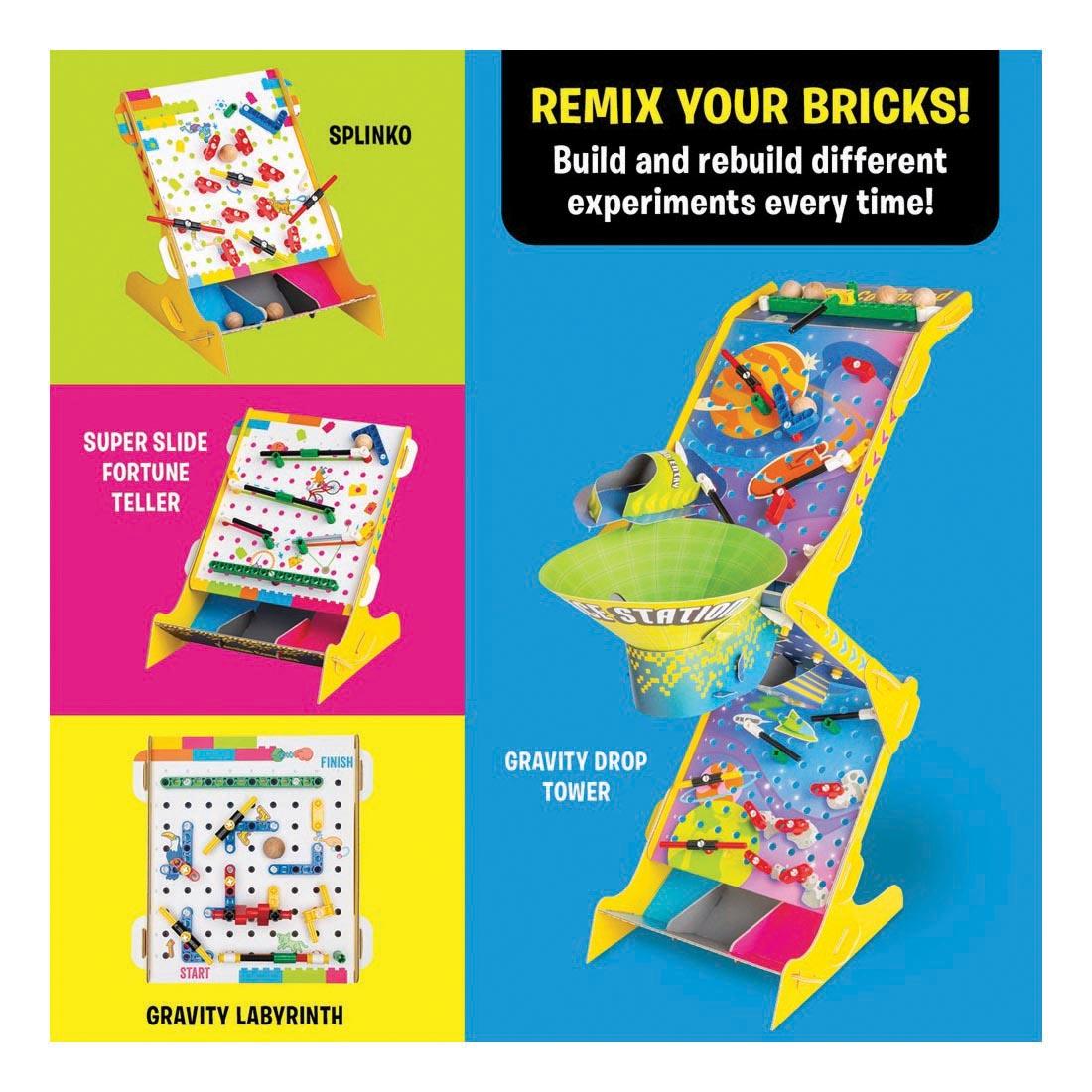 infographic for LEGO Gravity Drop By Klutz Press with text Remix Your Bricks! Build and rebuild different experiments every time! Splinko; Super Slide Fortune Teller; Gravity Labyrinth; Gravity Drop