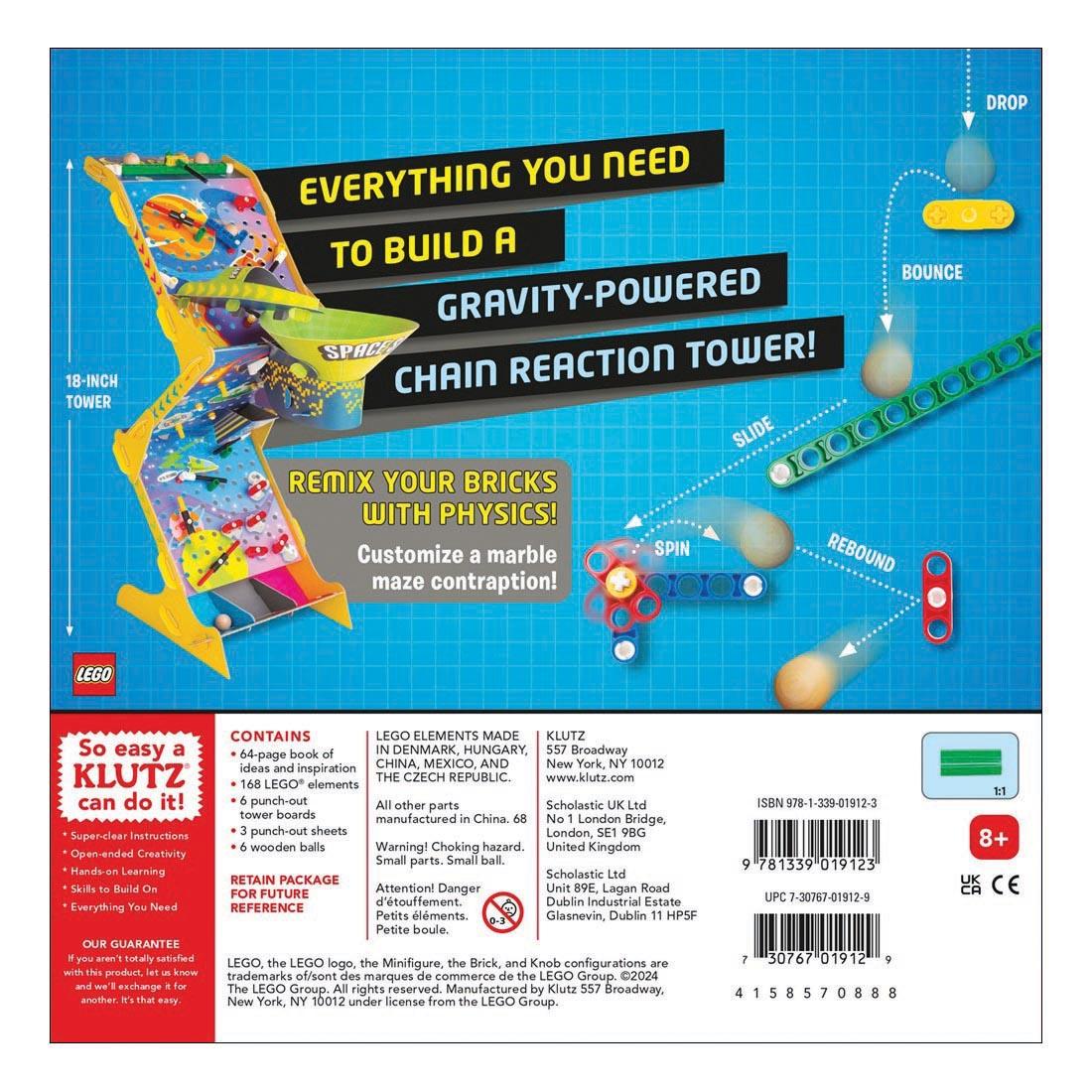 infographic for LEGO Gravity Drop By Klutz Press with text Everything You Need to Build a Gravity-Powered Chain Reaction Tower! Remix Your Bricks With Physics! Customize a marble maze contraption!